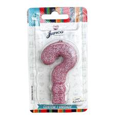 VELA COM GLITTER ROSA BEBE INTERROGACAO JUNCO
